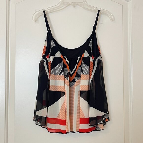 Express Tank Top Blouse XS Spaghetti Strap Black Geometric Flowy Swing - Picture 2 of 4